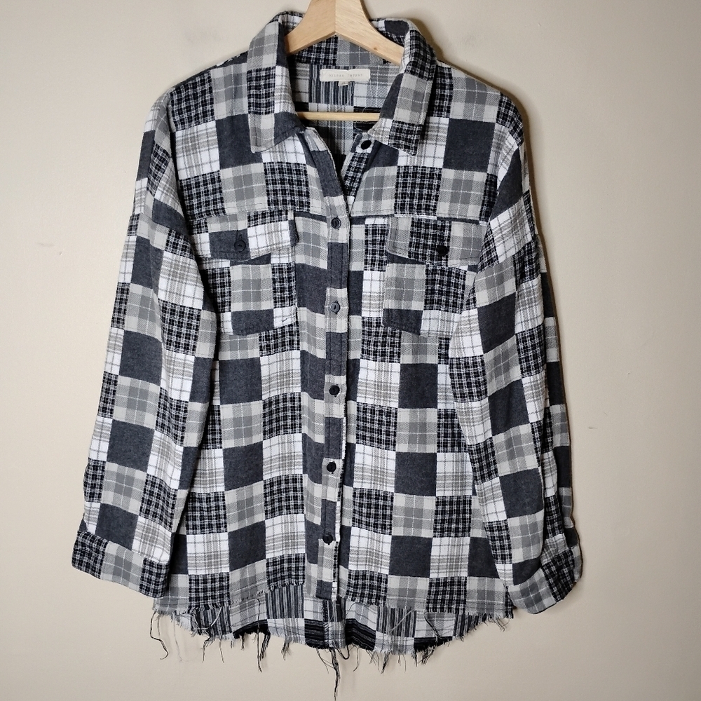 Gilded Intent Buckle Patchwork Flannel Shirt Fray… - image 2